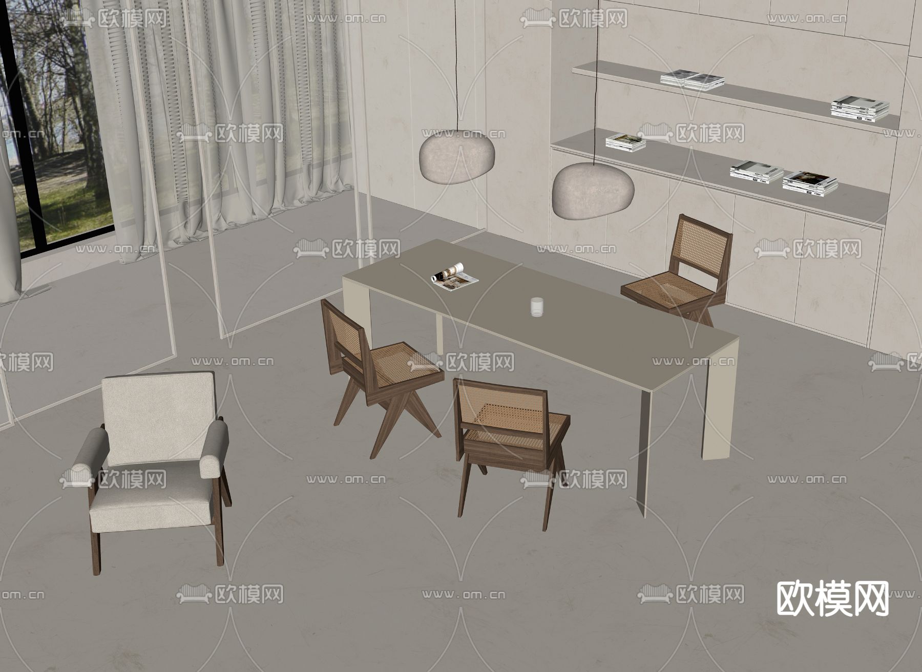 侘寂奶油风书房su模型下载（渲染图2）