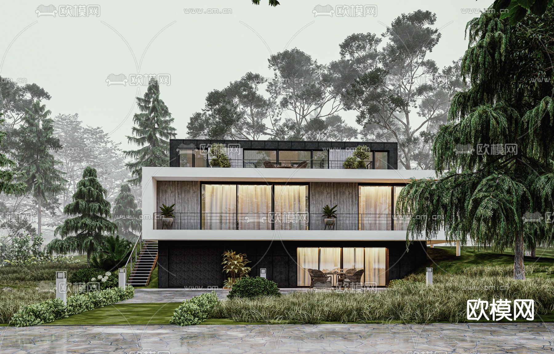 现代独栋别墅su模型下载（渲染图1）