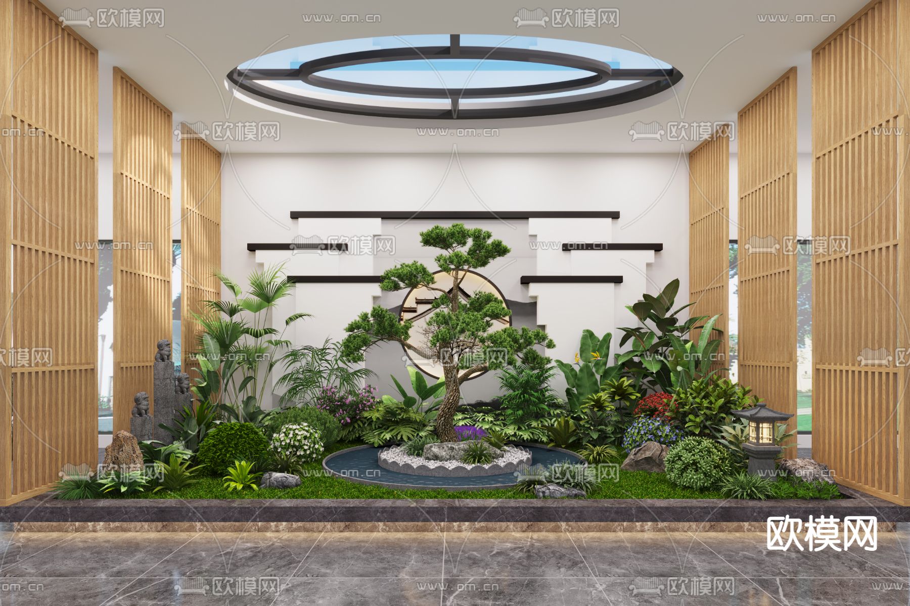 新中式室内天井绿植景观小品3d模型下载_ID12094768_3dmax免费模型-欧模网
