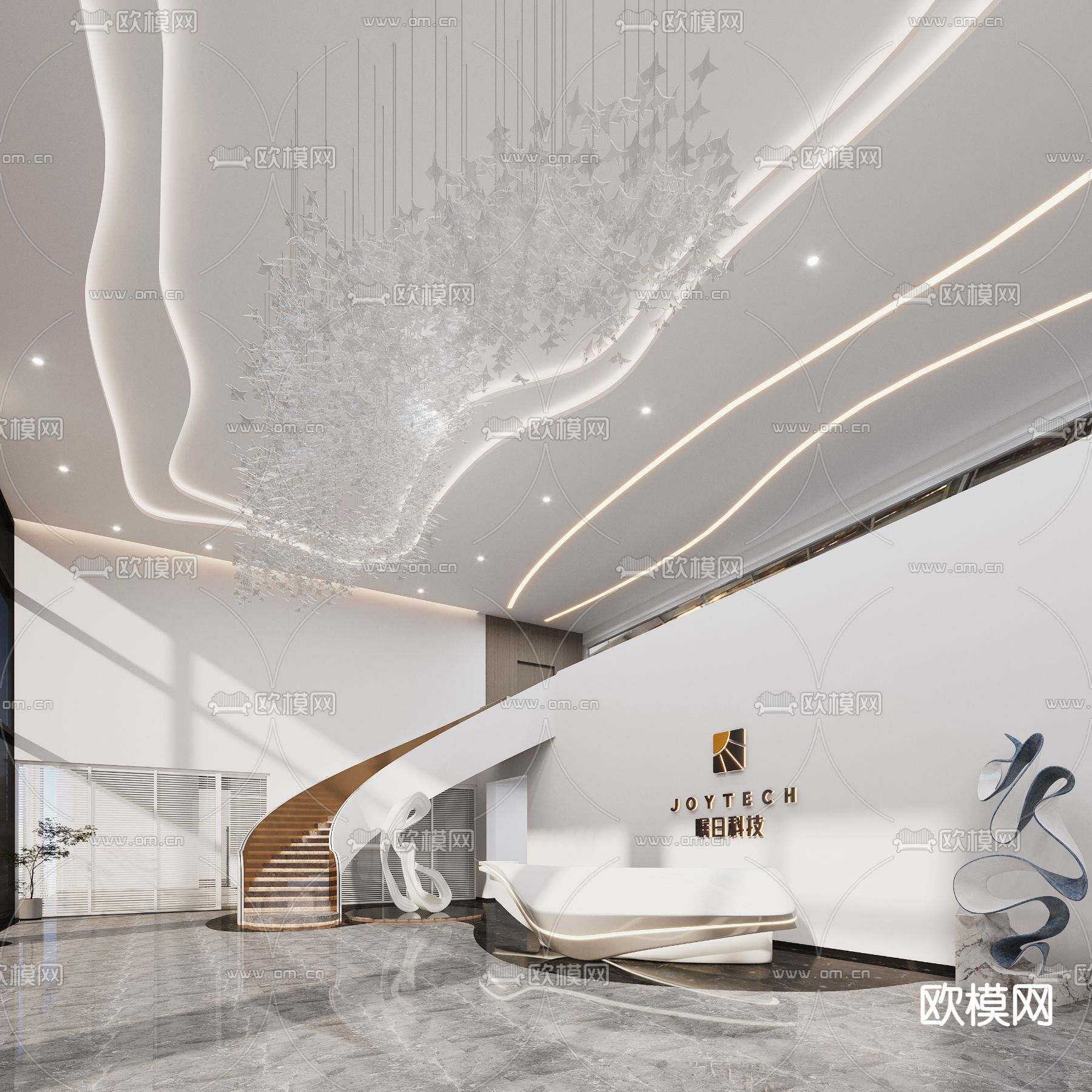 现代公司接待大堂敞开式办公区3d模型下载（渲染图1）
