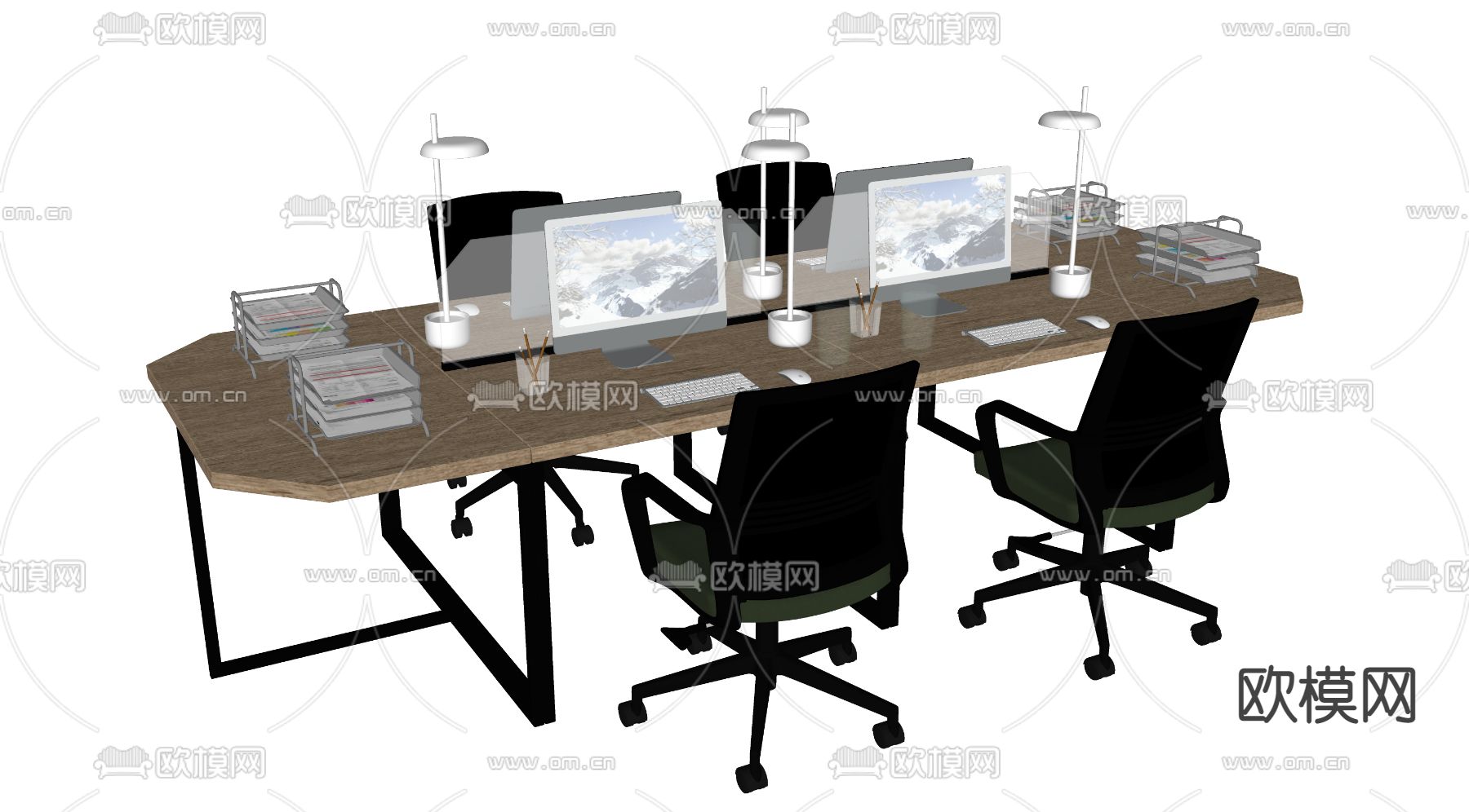 工业风卡位办公桌椅su模型下载（渲染图2）