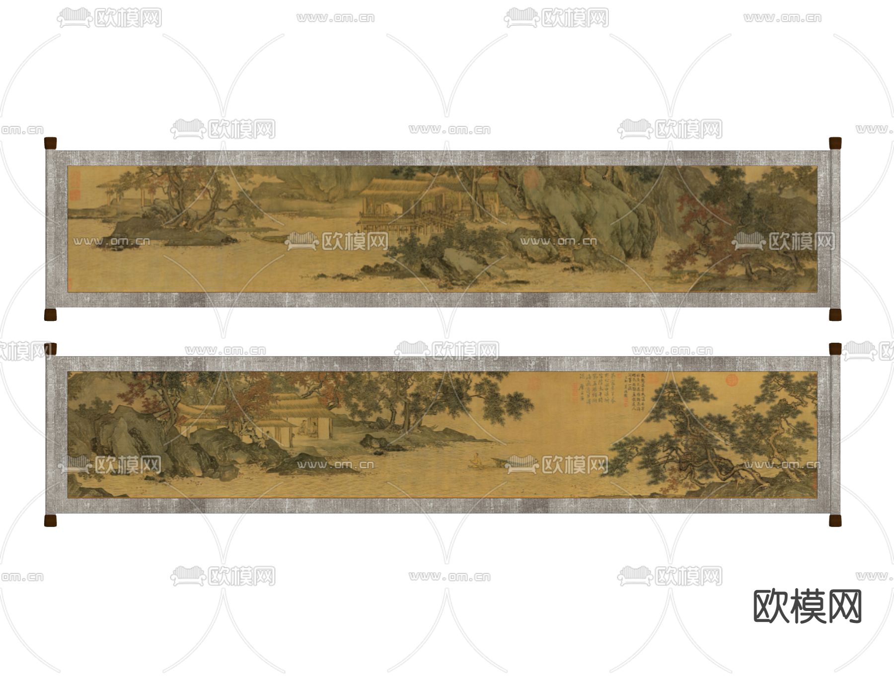 新中式典雅水墨画装饰画溪山渔隐图su模型下载