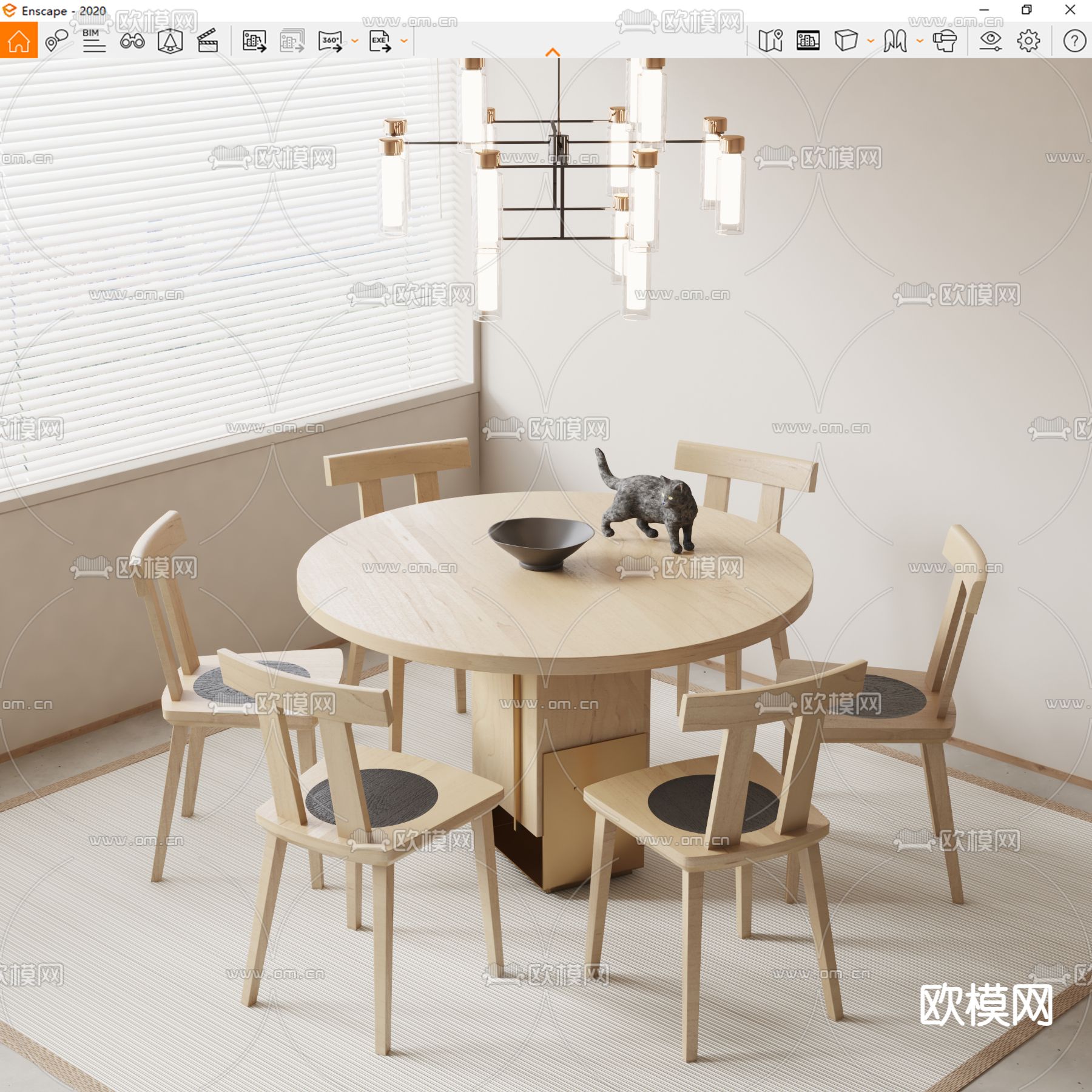 北欧实木圆餐桌椅su模型下载（渲染图3）