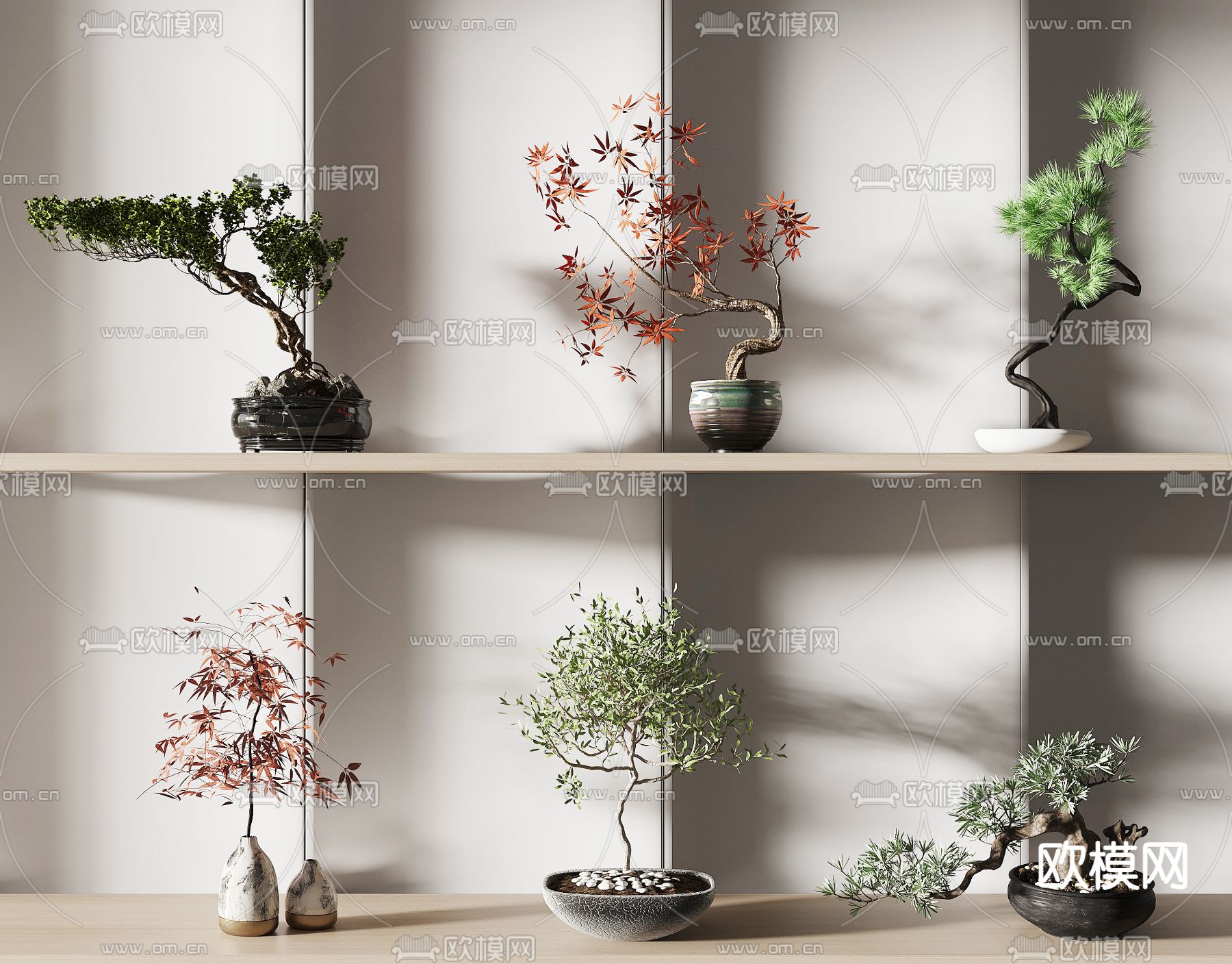 新中式迎客松植物盆栽su模型