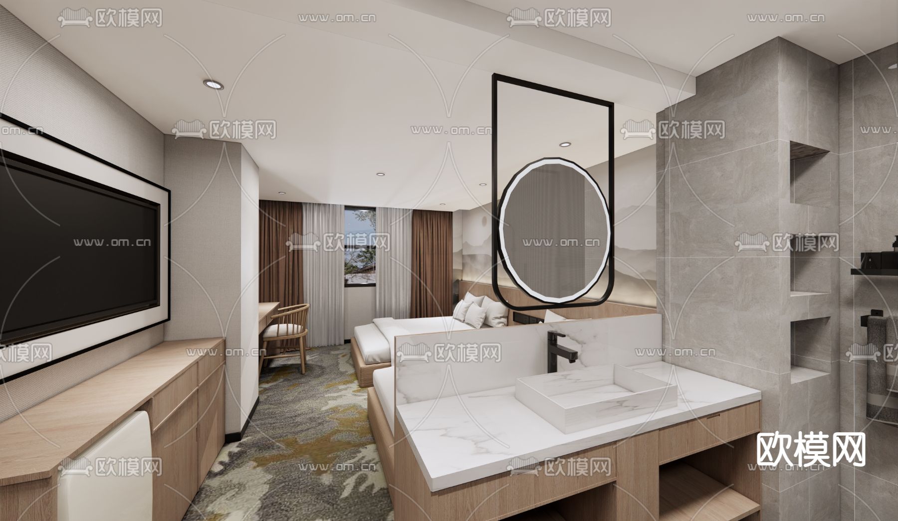 现代酒店客房su模型下载（渲染图2）