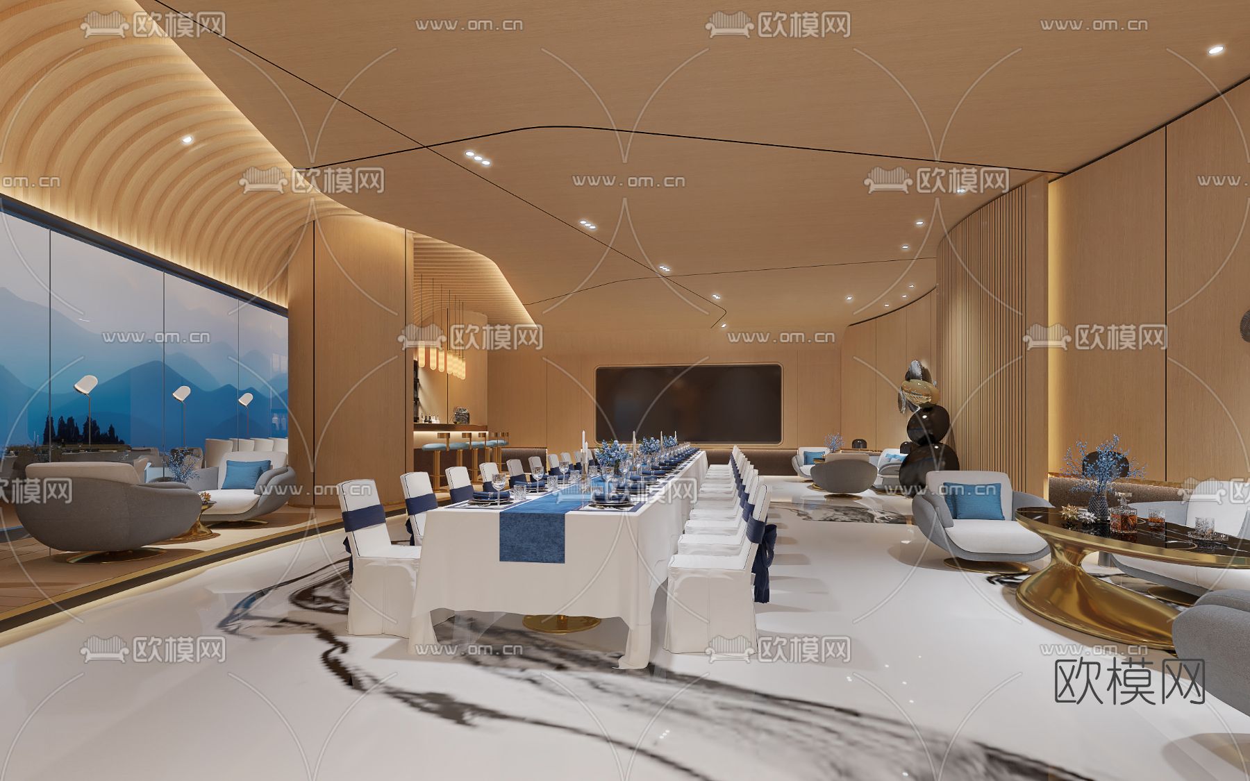 现代轻奢酒店餐厅包房3d模型下载（渲染图2）