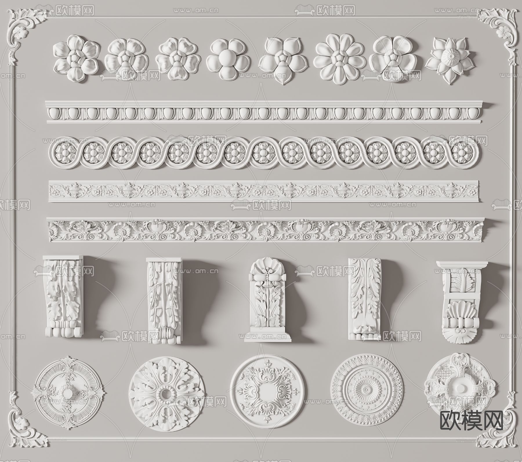 欧式石膏雕花线条su模型下载（渲染图1）