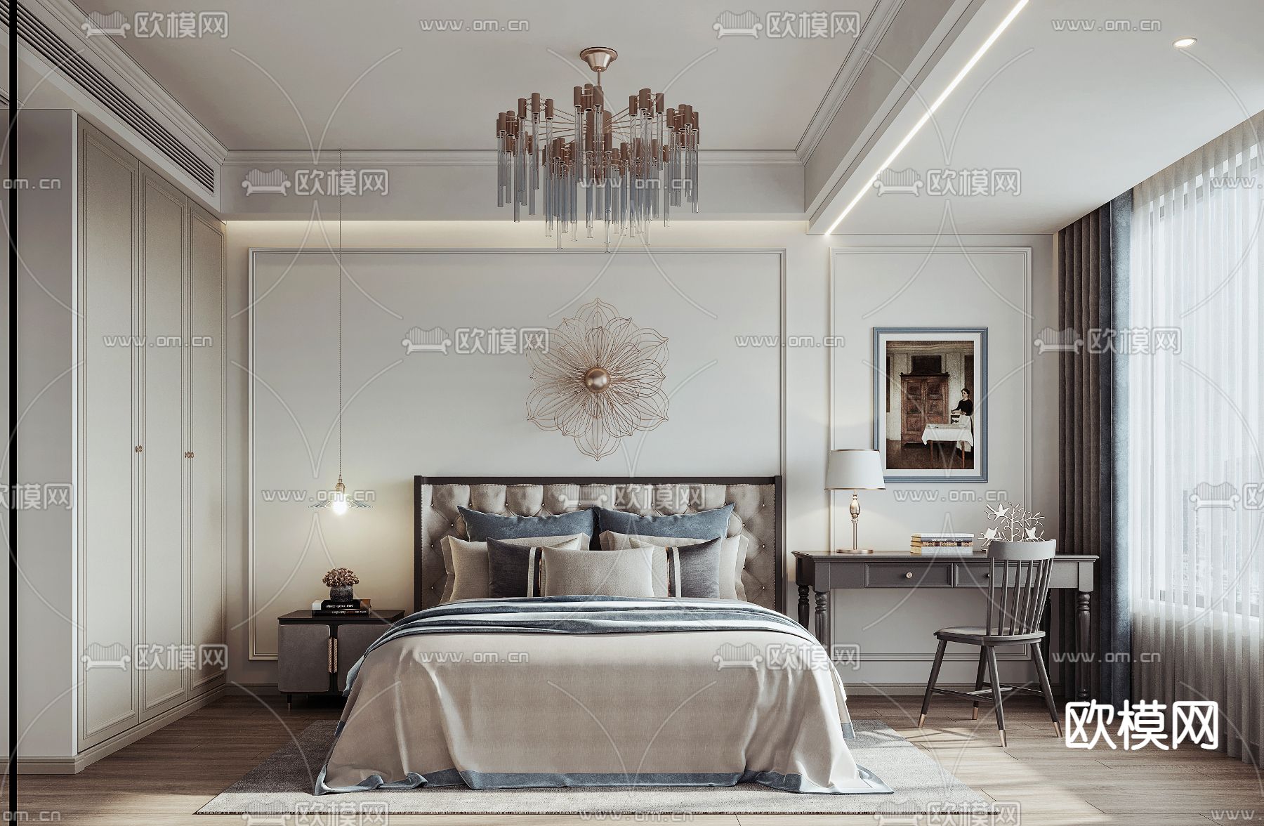 美式轻奢卧室3d模型下载