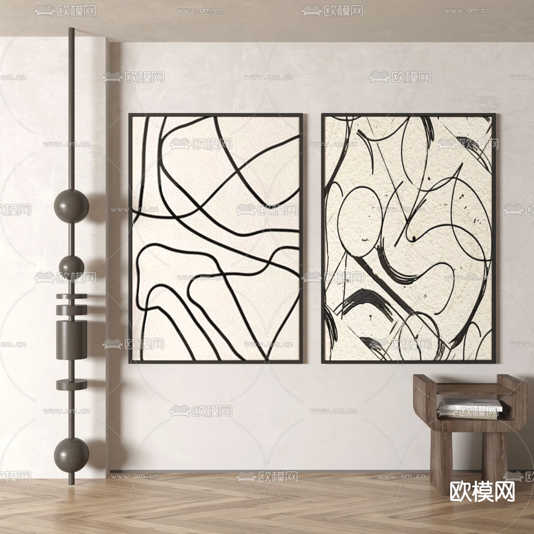 现代抽象线条装饰画3d模型下载_ID：12095976_3dmax免费模型-欧模网
