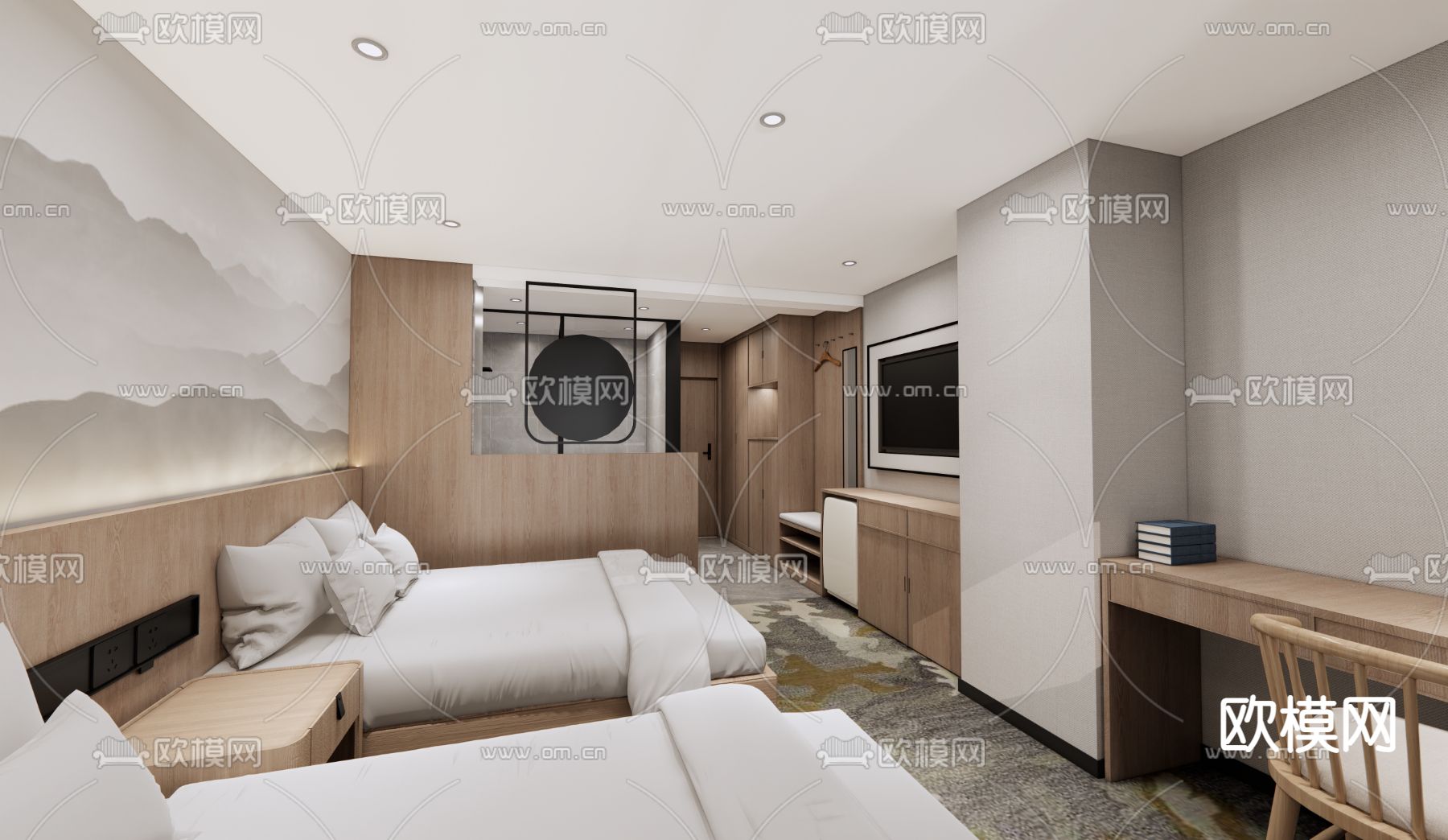 现代酒店客房su模型下载（渲染图1）