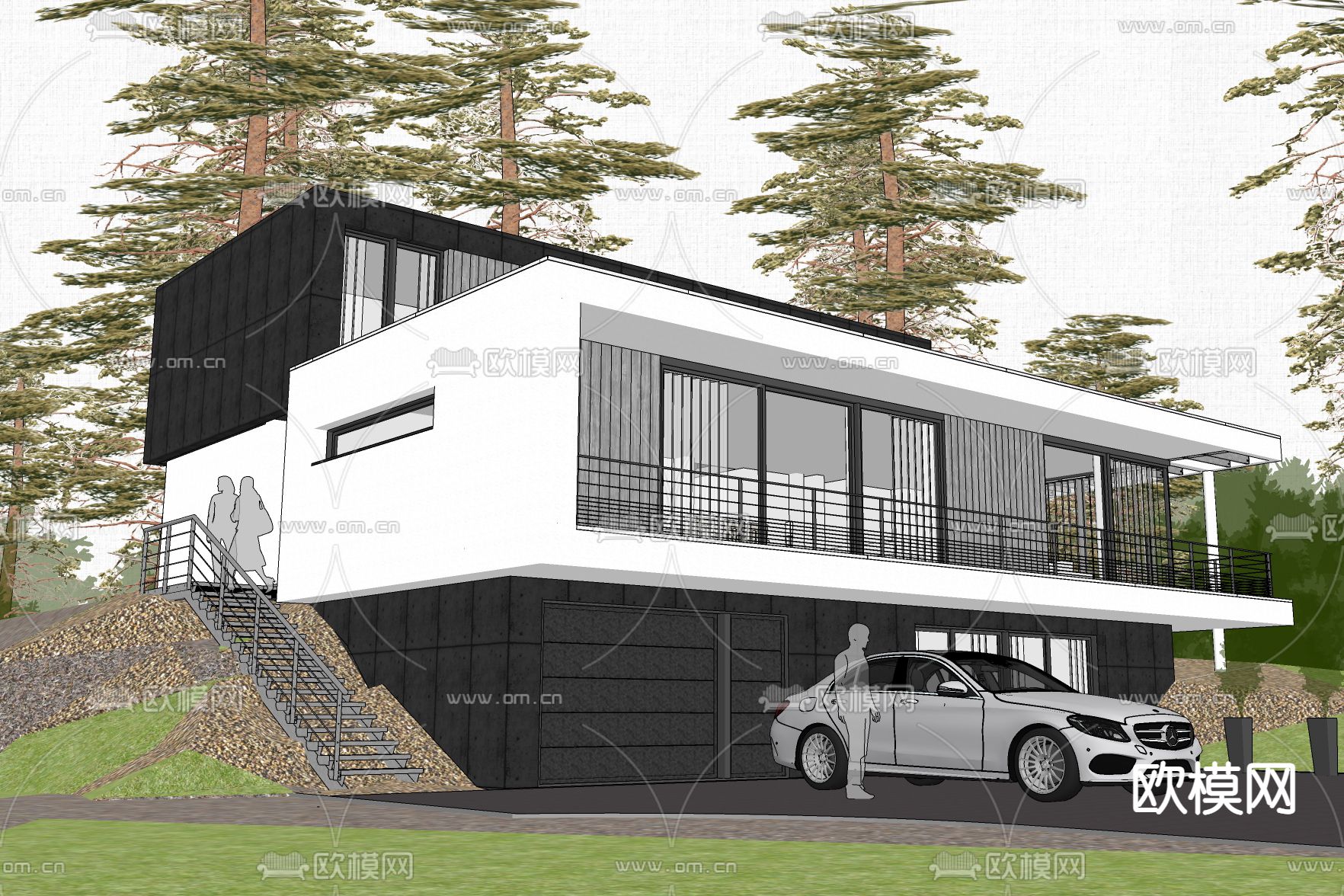 现代独栋别墅su模型下载（渲染图4）