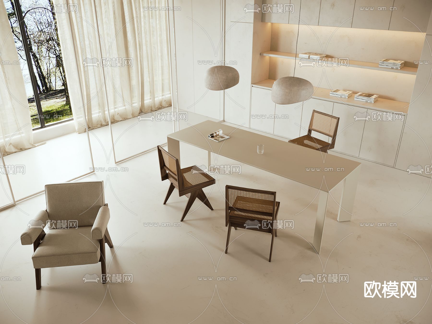 侘寂奶油风书房su模型下载（渲染图1）