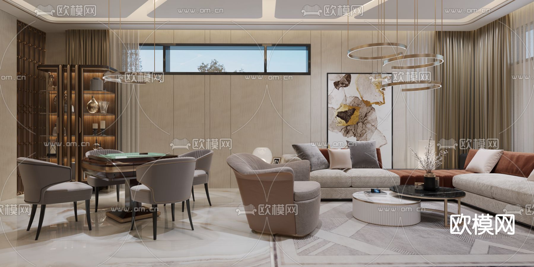 现代轻奢麻将房休息区免费3d模型下载（渲染图1）