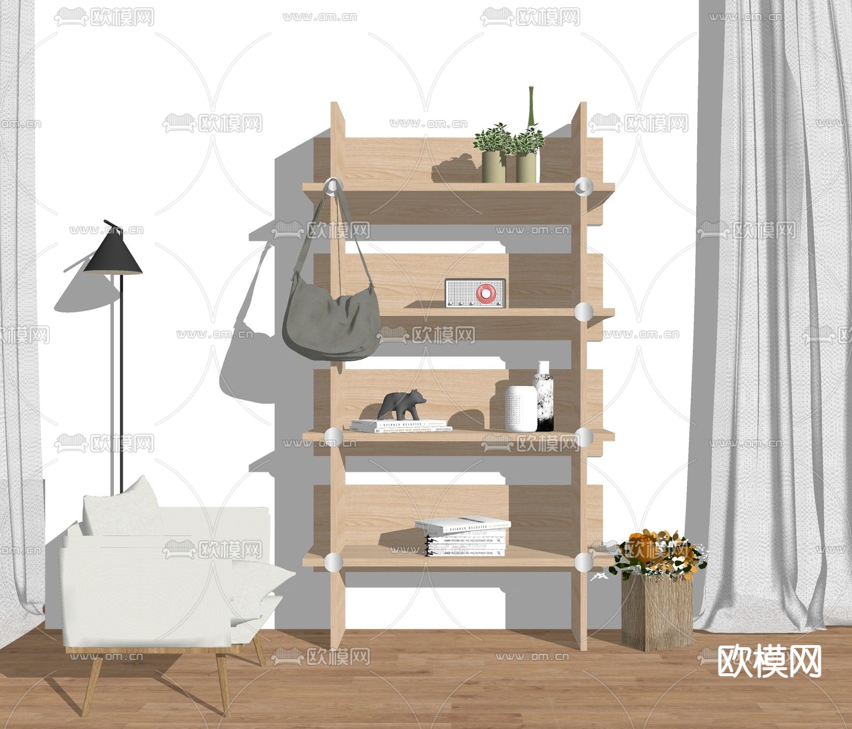 北欧实木置物架su模型下载（渲染图1）
