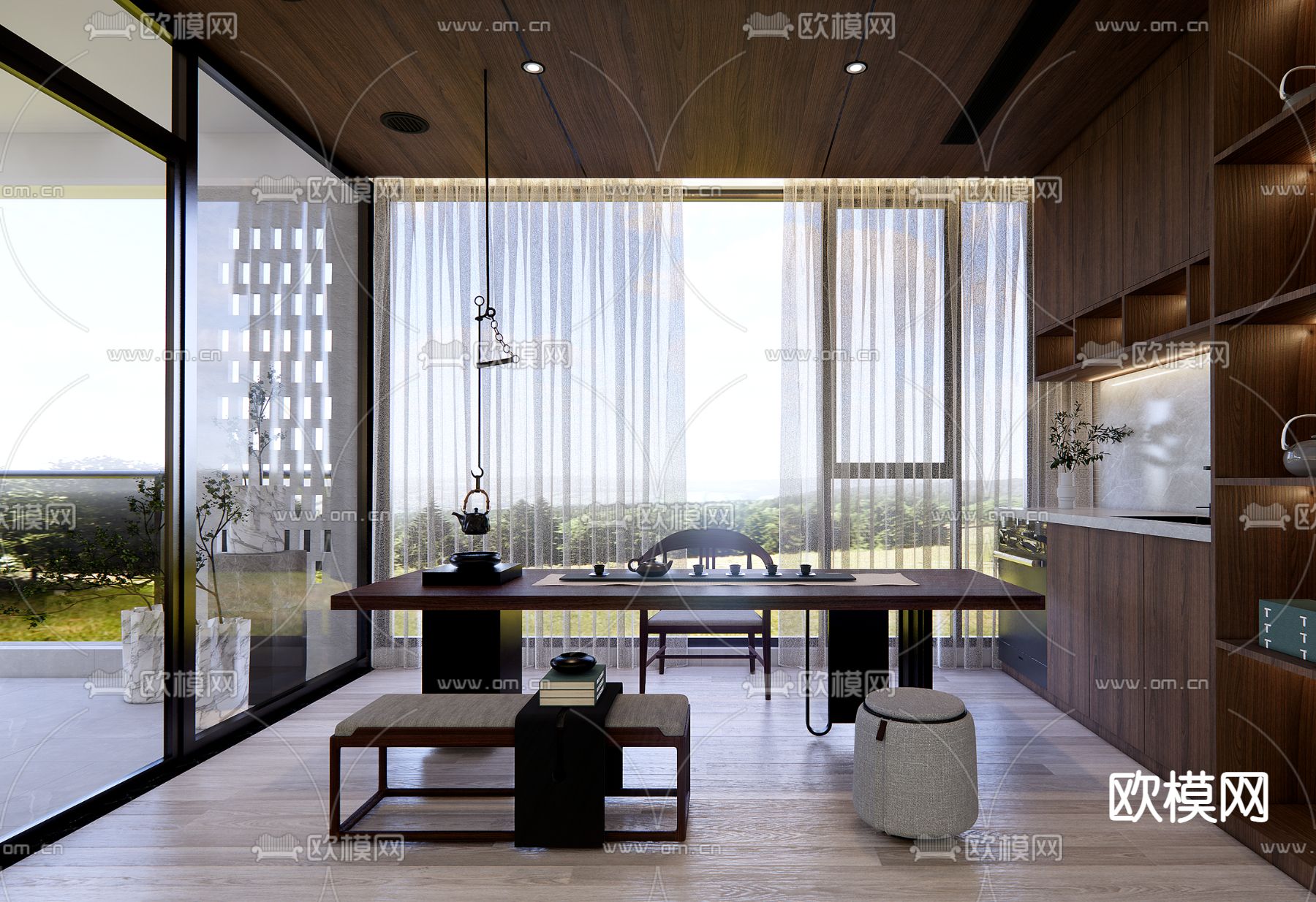 新中式茶室su模型下载（渲染图1）