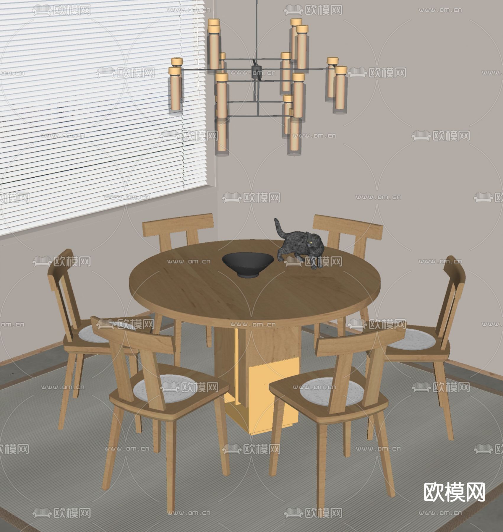 北欧实木圆餐桌椅su模型下载（渲染图2）