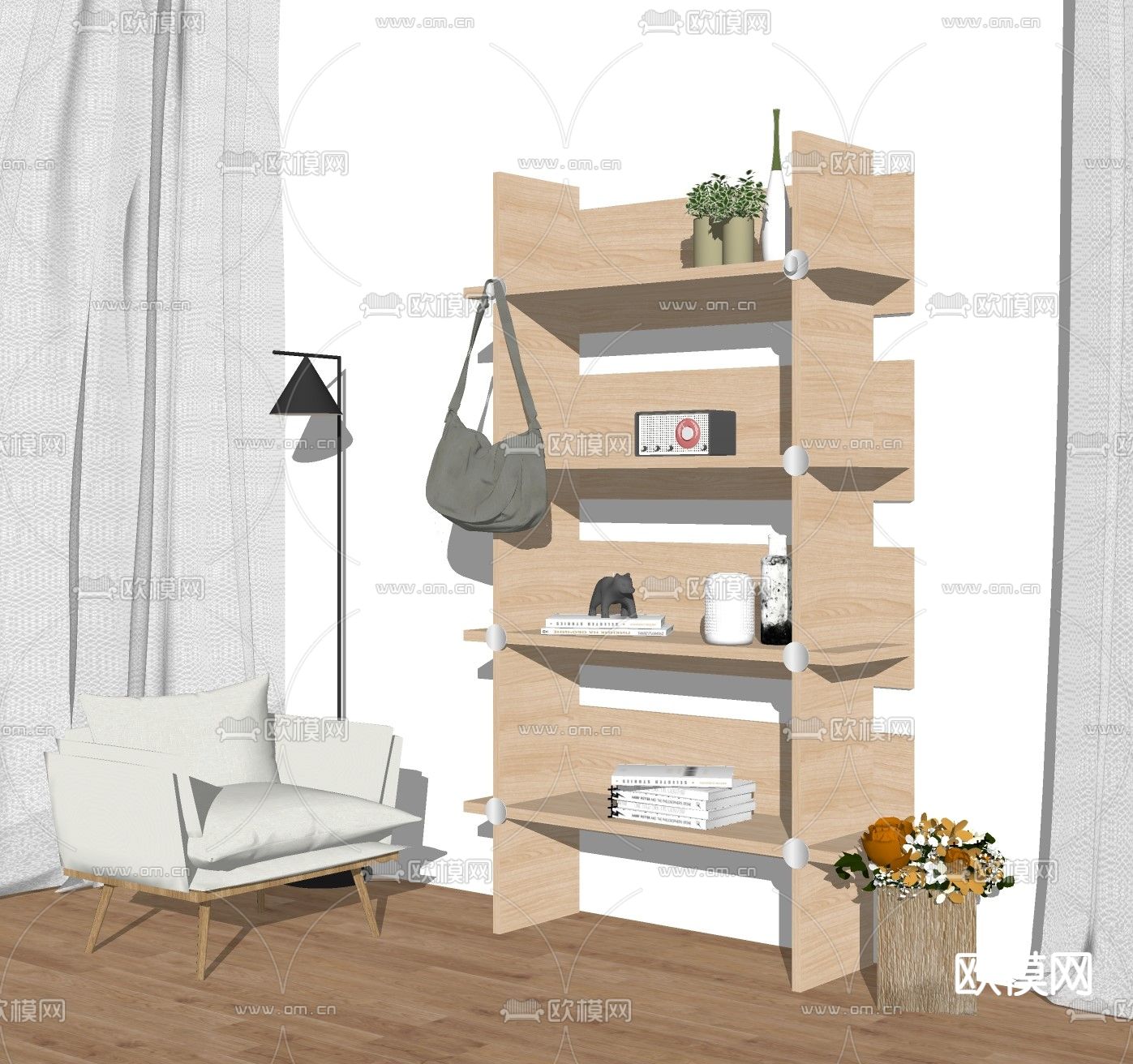 北欧实木置物架su模型下载（渲染图2）