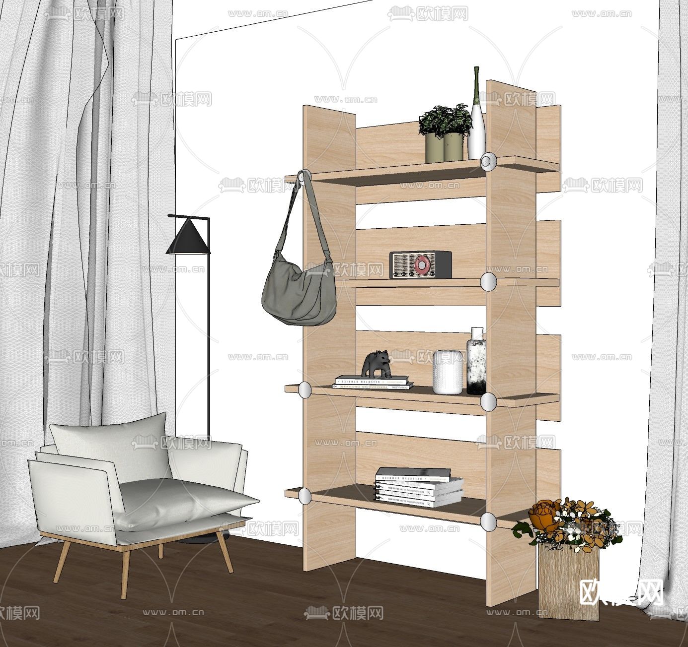 北欧实木置物架su模型下载（渲染图4）