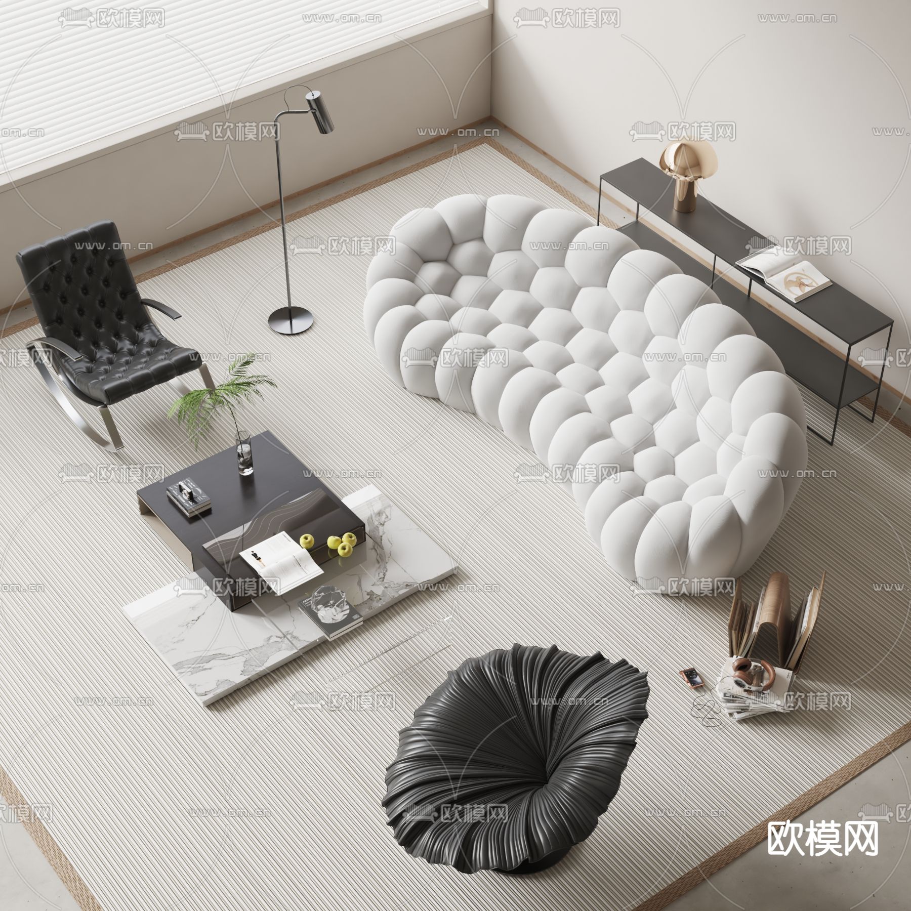 现代布艺组合沙发su模型下载（渲染图1）