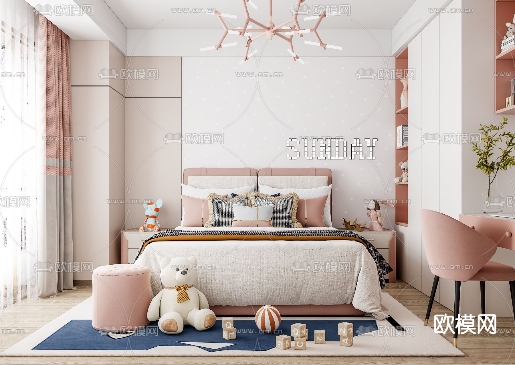 现代奶油风儿童房3d模型下载