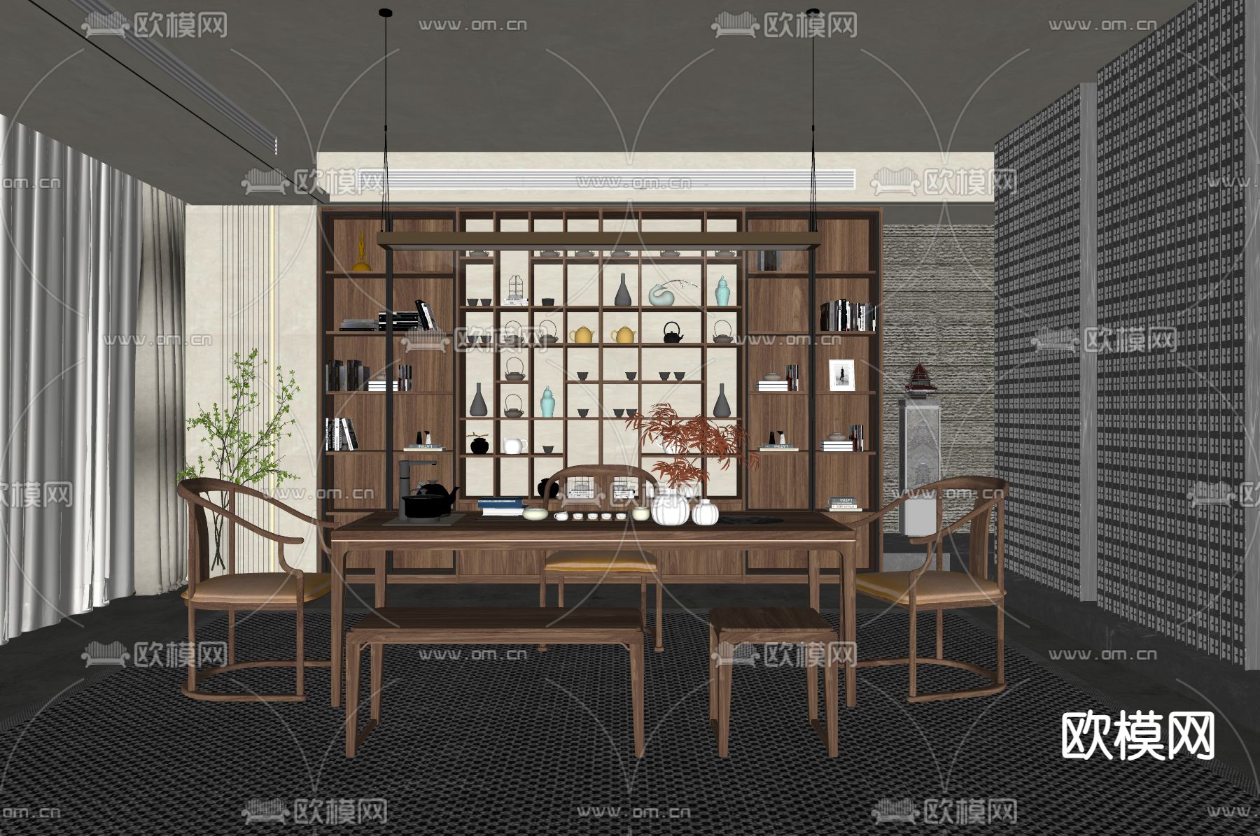 新中式茶室su模型