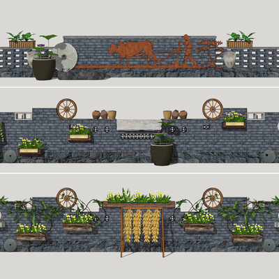 新中式乡村民俗围墙su模型