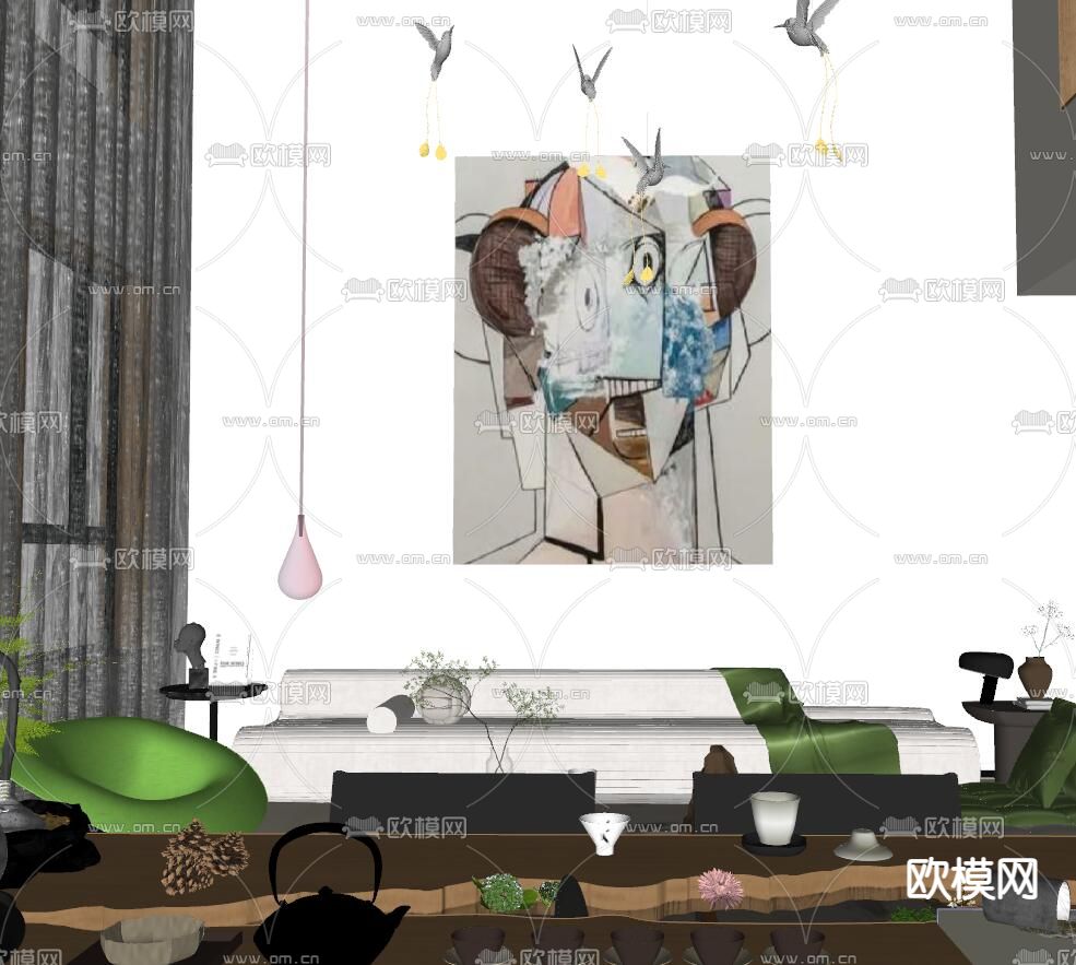 现代别墅大堂餐厅su模型下载（渲染图5）