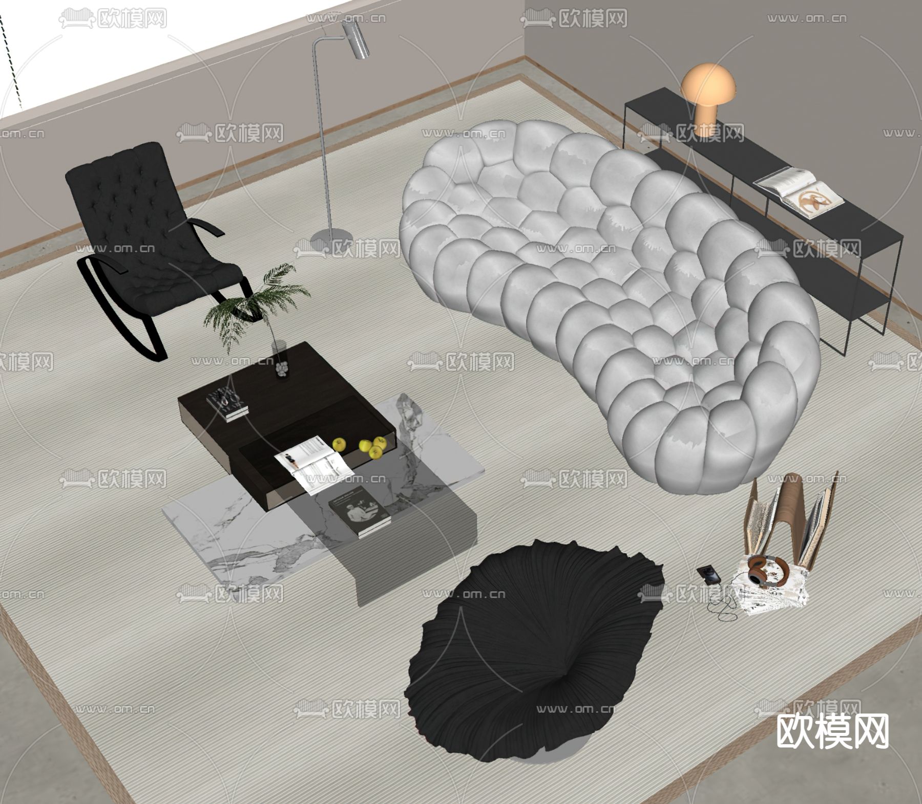 现代布艺组合沙发su模型下载（渲染图2）