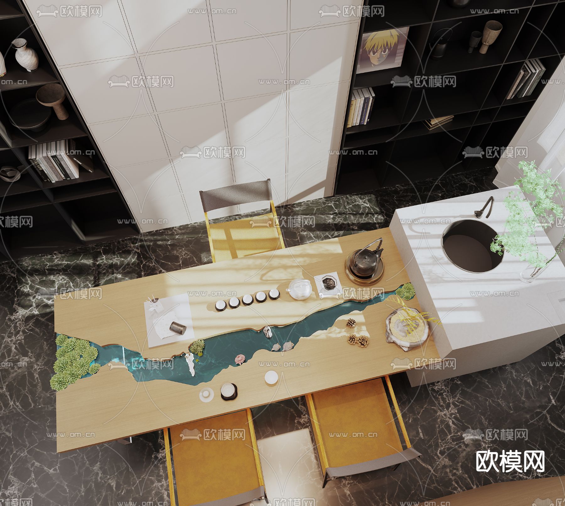 现代别墅大堂餐厅su模型下载（渲染图2）