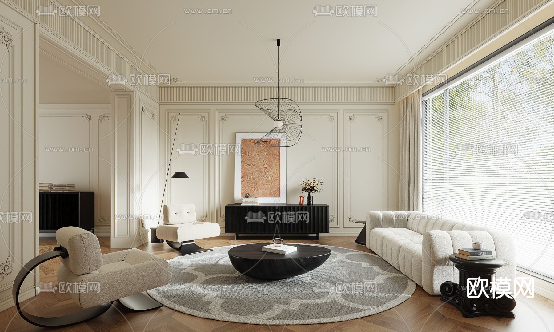法式黑白客厅3d模型下载_ID12094969_3dmax免费模型-欧模网