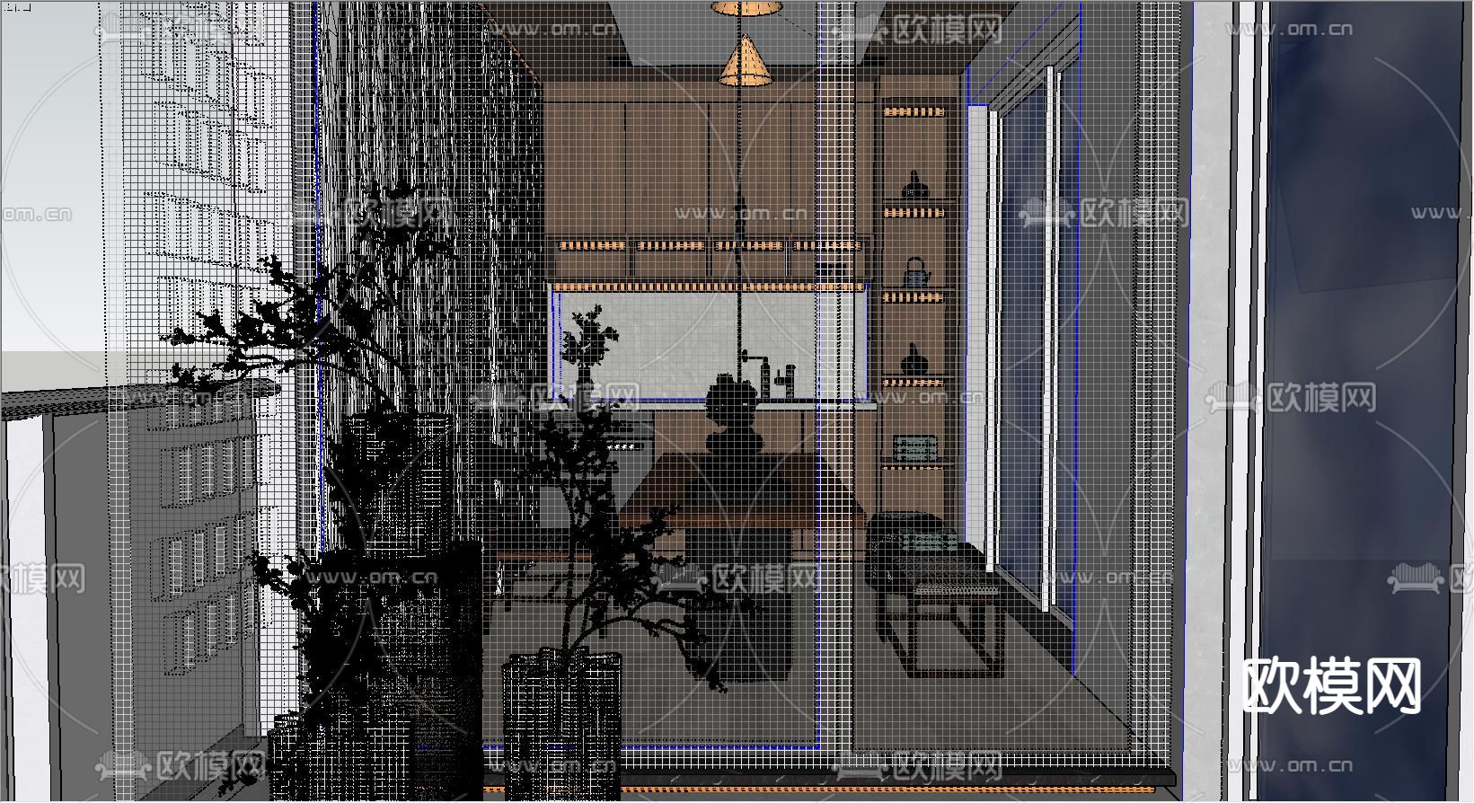 新中式茶室su模型下载（渲染图2）