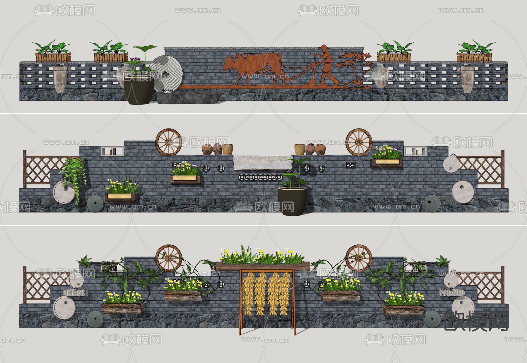 新中式乡村民俗围墙su模型