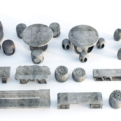  新中式户外石桌椅su模型 