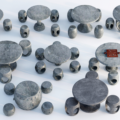  新中式户外石桌椅su模型 