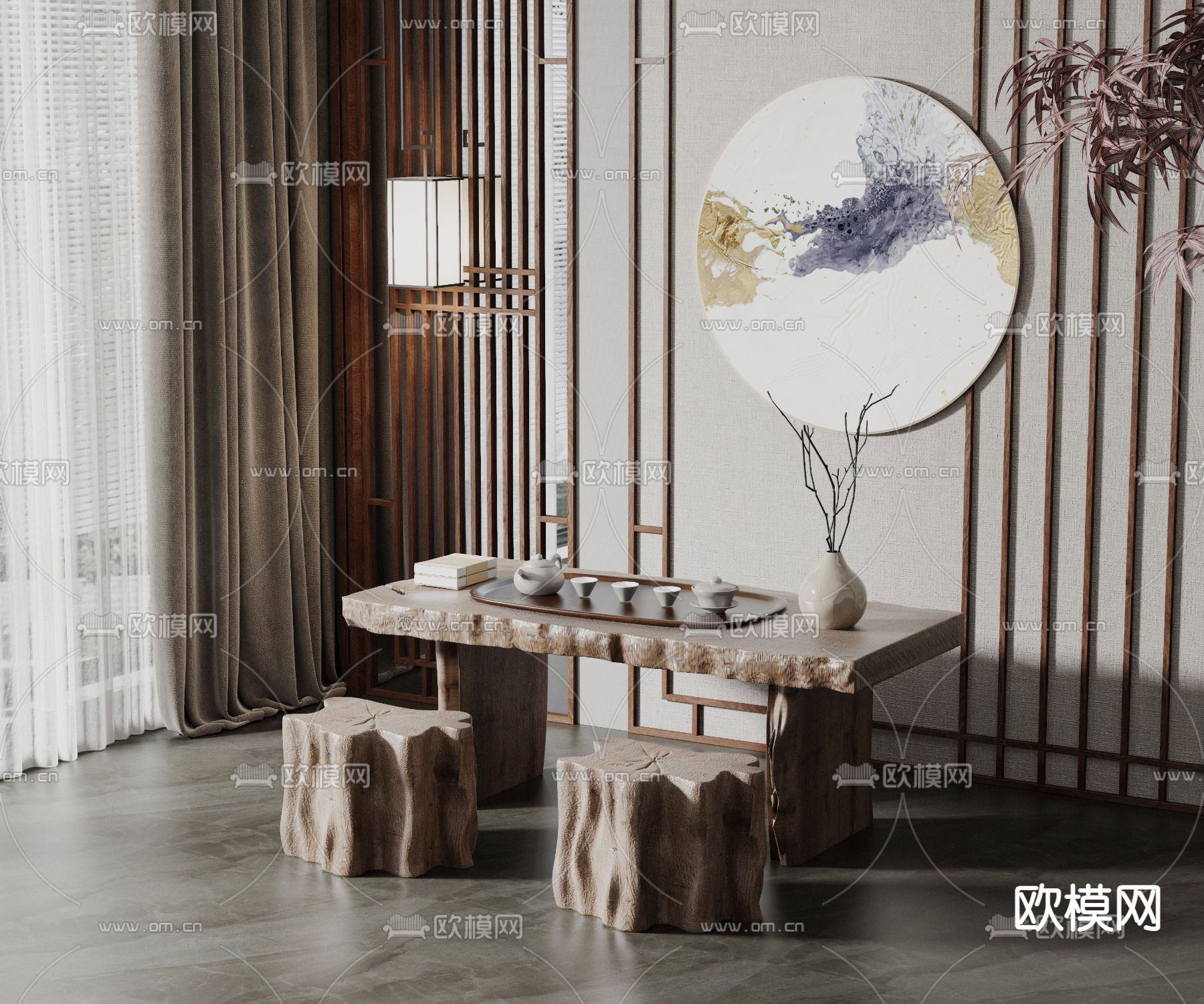 新中式茶桌椅3d模型下载