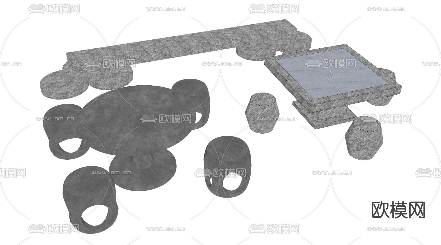 新中式户外石桌椅su模型下载（渲染图2）