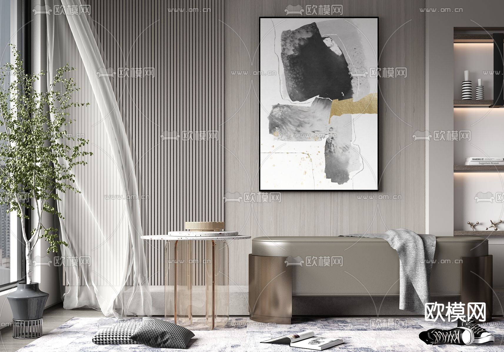 现代皮革床尾凳脚踏su模型下载（渲染图1）