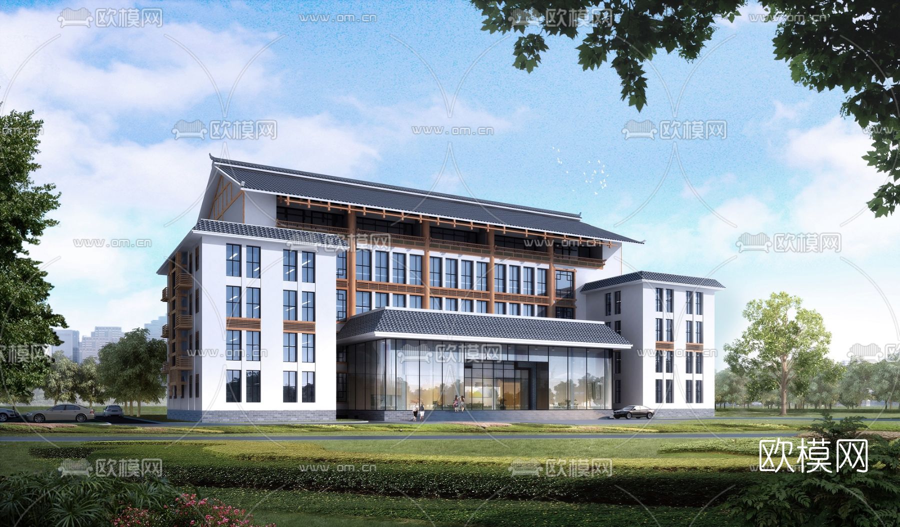 新中式办公综合楼建筑外观3d模型下载_ID12097082_3dmax免费模型-欧模网