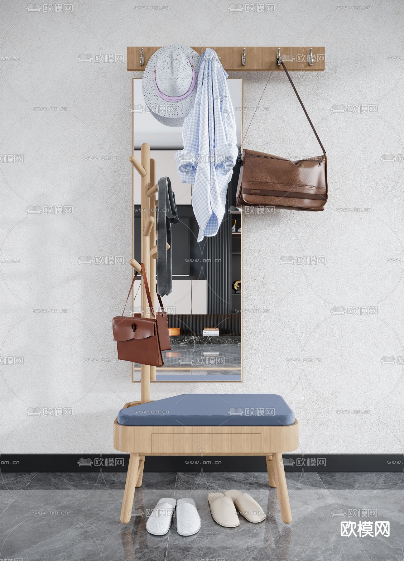 北欧玄关换鞋凳衣架su模型下载（渲染图1）