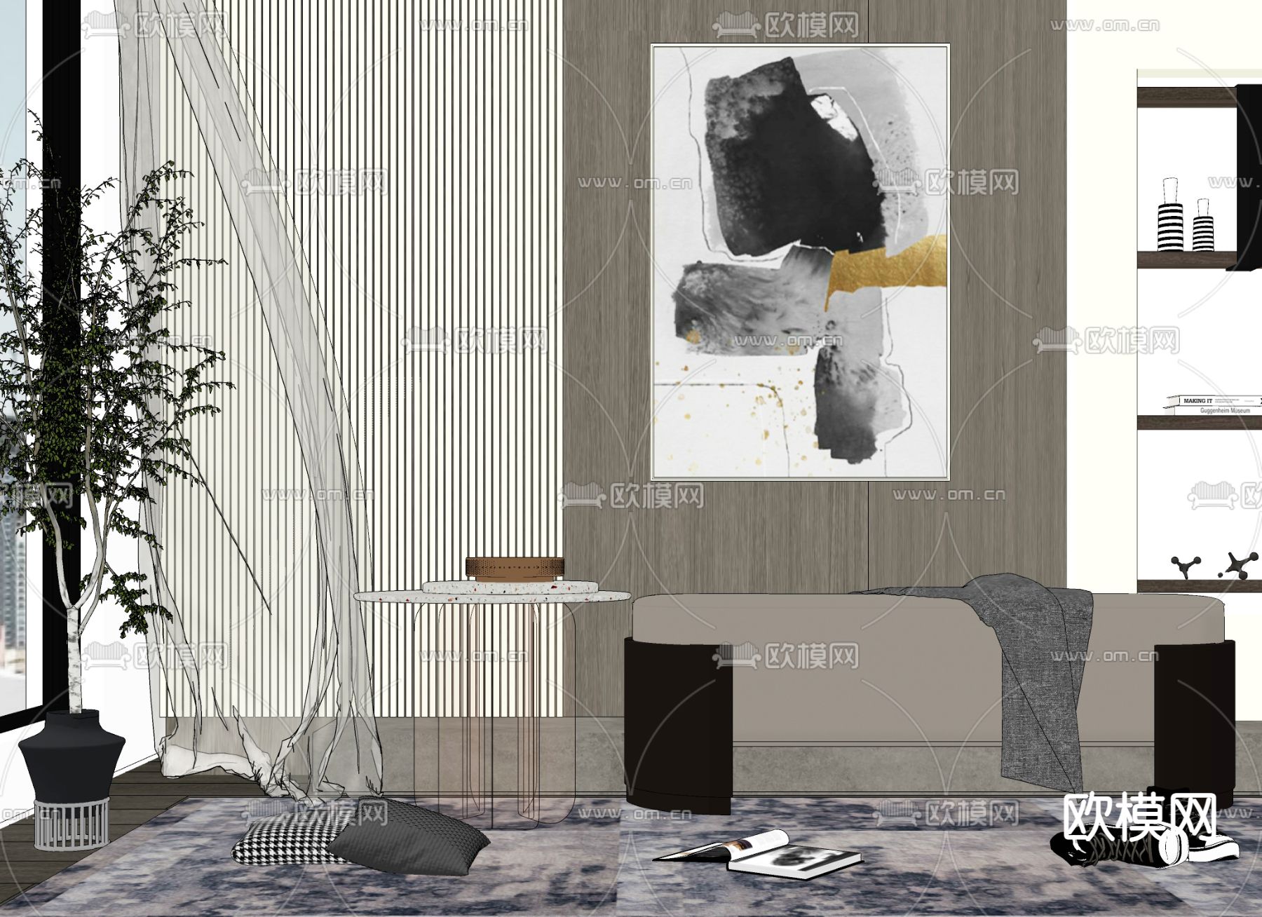 现代皮革床尾凳脚踏su模型下载（渲染图2）