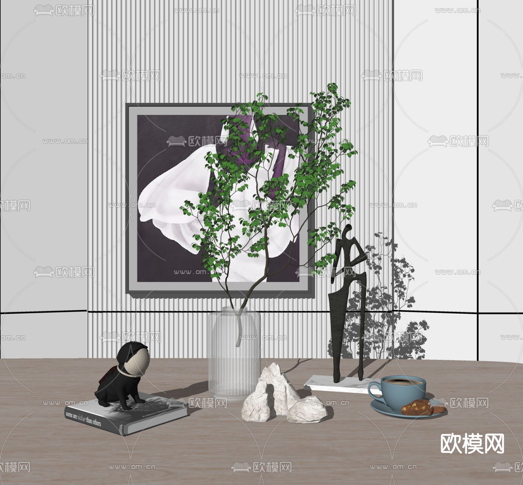 现代书籍挂画花瓶饰品摆件su模型下载（渲染图2）