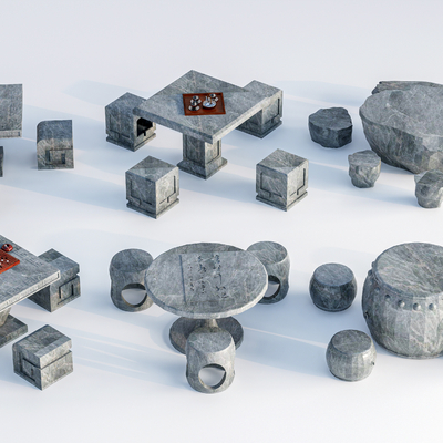  新中式户外石桌椅su模型 