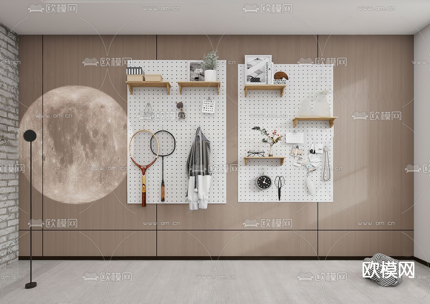 现代洞洞板置物架su模型下载（渲染图1）