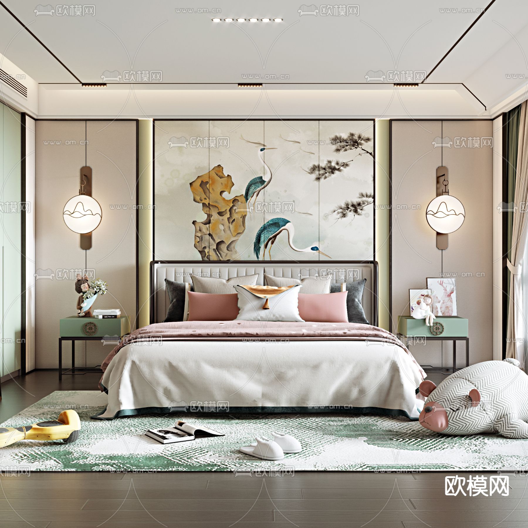 新中式儿童房女孩房3d模型下载（渲染图2）