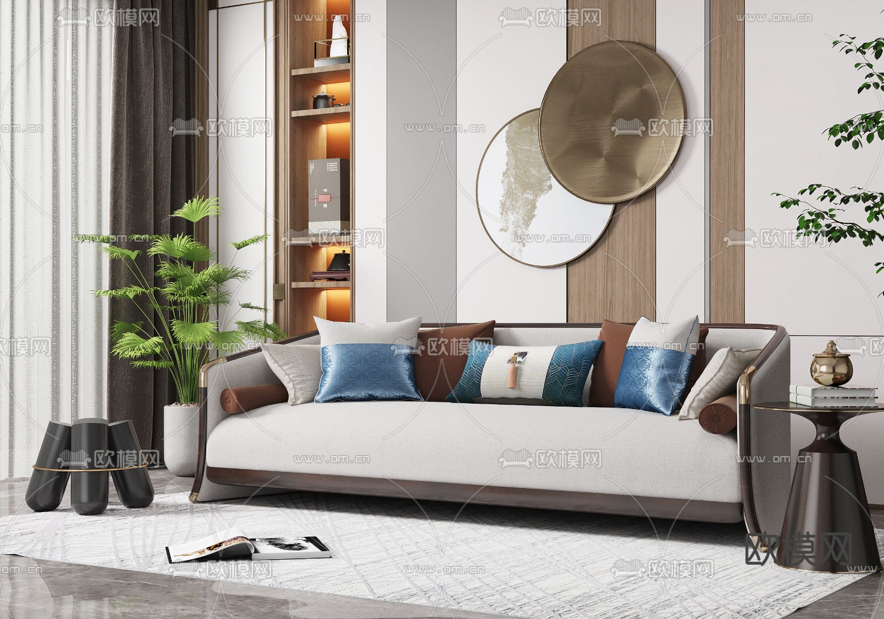 新中式米白色多人沙发3d模型下载