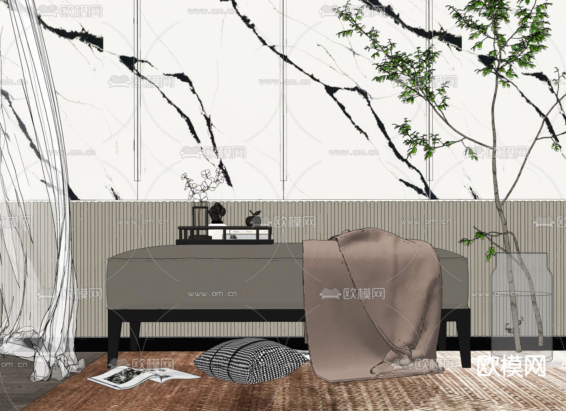 现代灰色床尾凳脚踏su模型下载（渲染图2）