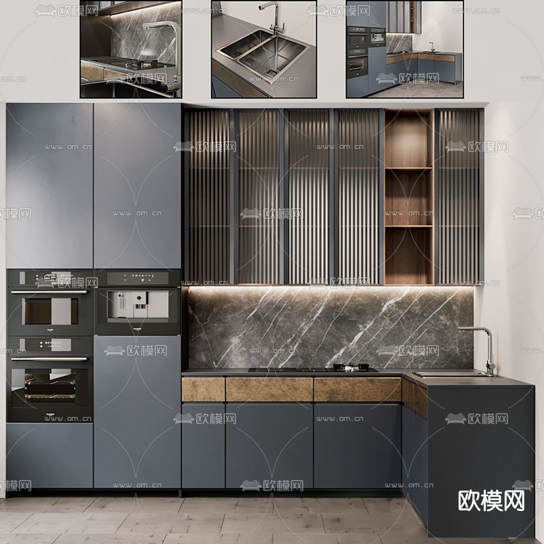 现代黑色一体式橱柜3d模型下载