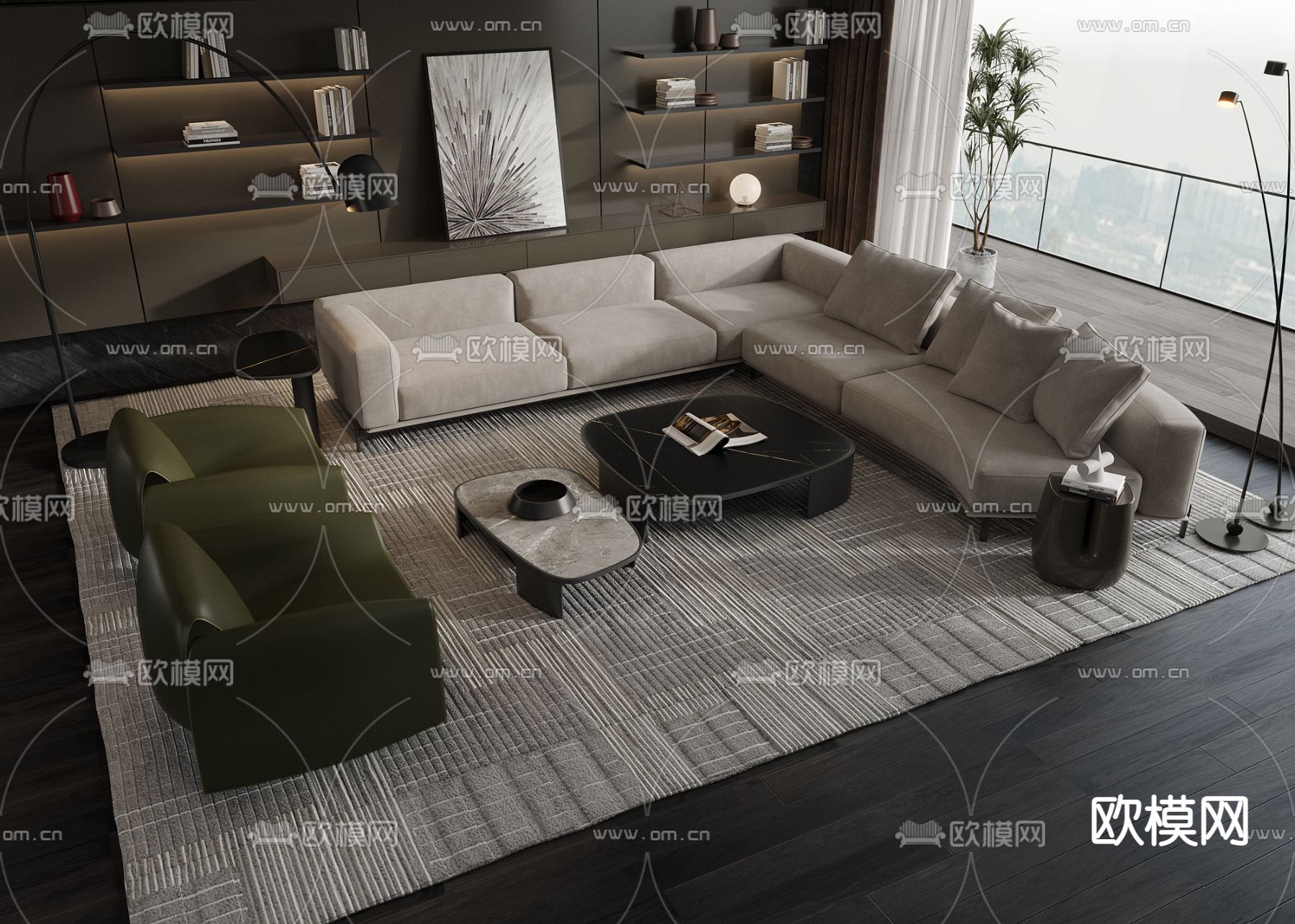 现代灰色转角组合沙发3d模型下载_ID12095733_3dmax免费模型-欧模网