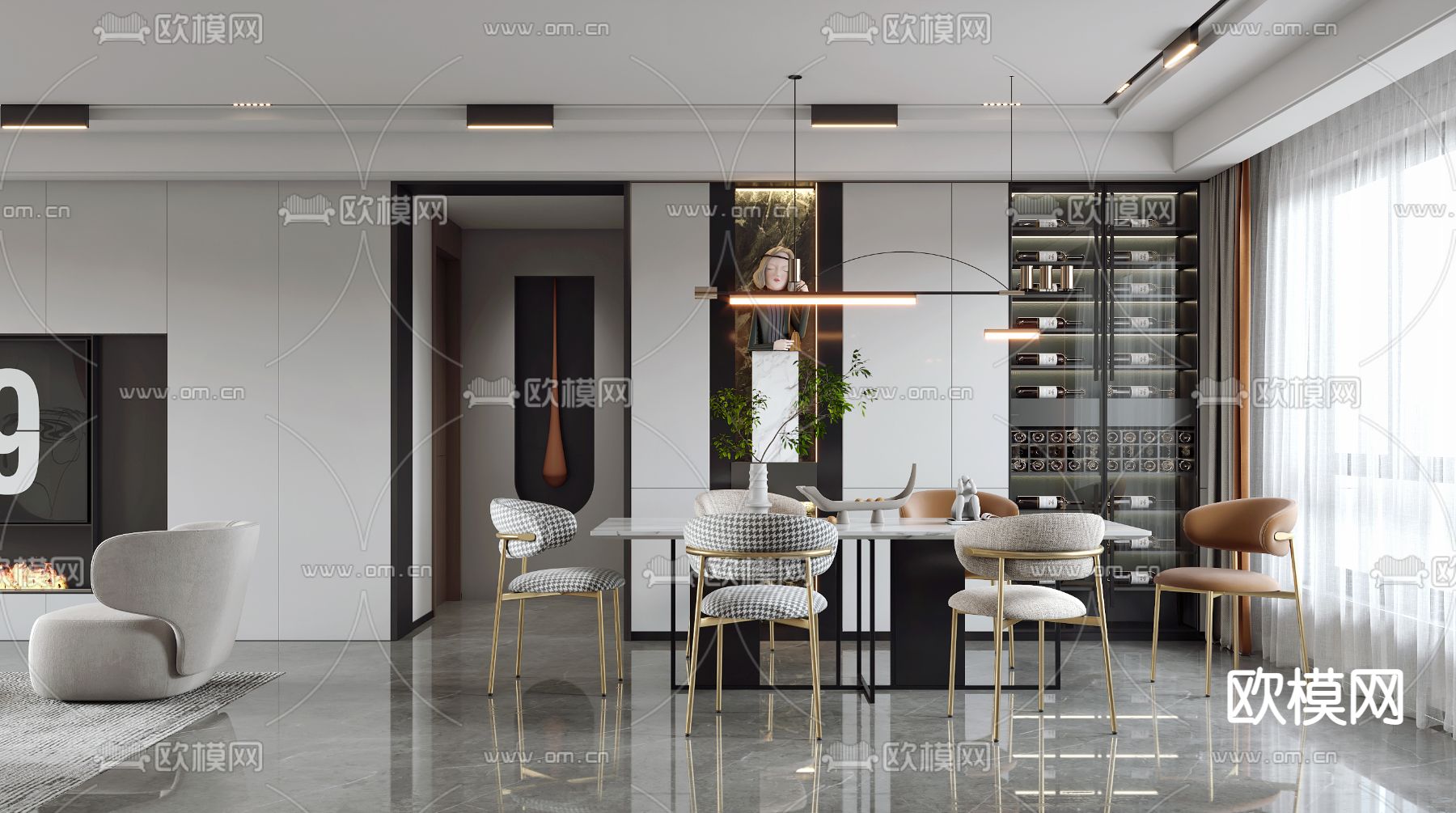现代简约客餐厅3d模型下载（渲染图3）