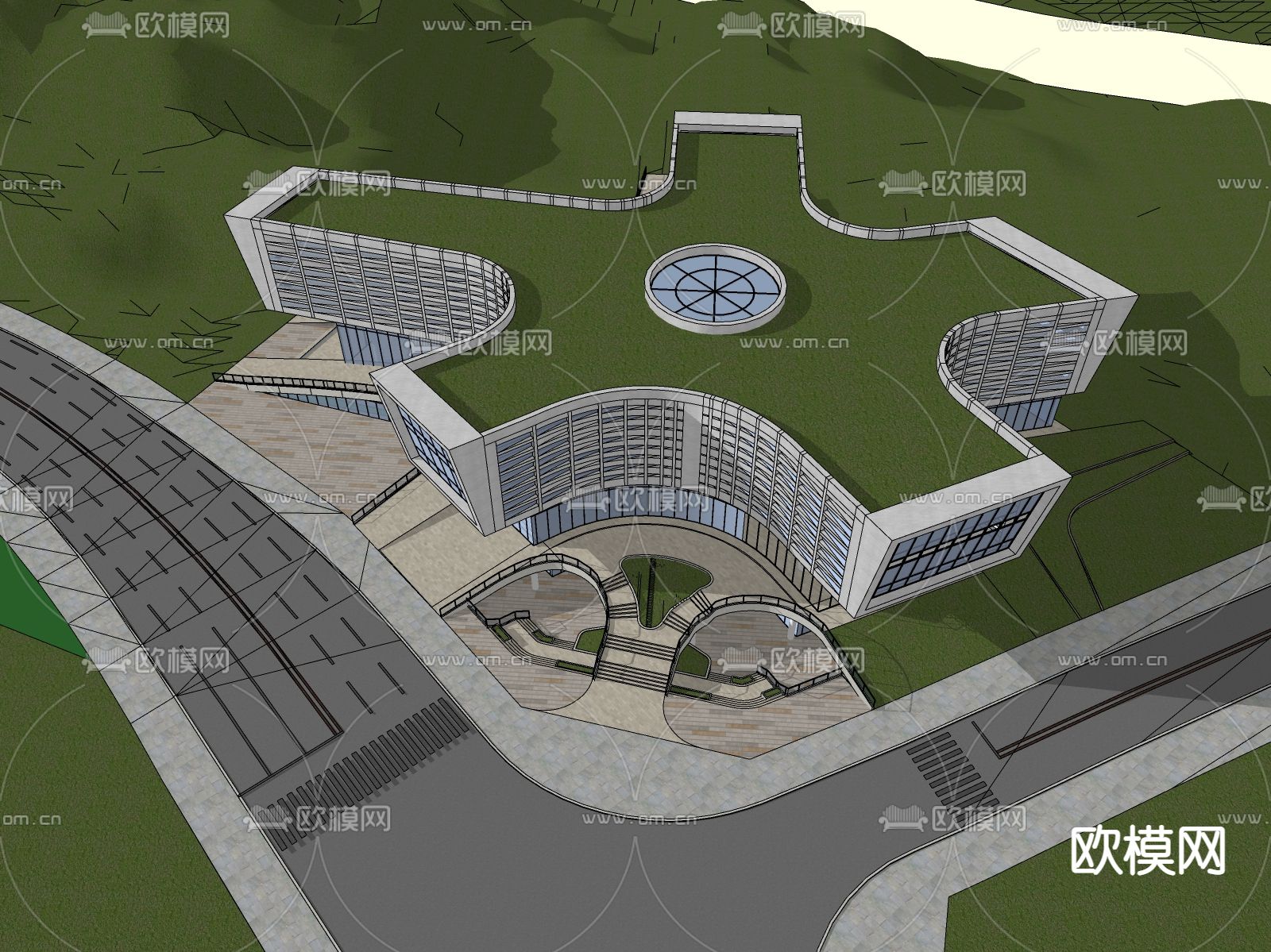 现代展览馆鸟瞰su模型下载（渲染图1）